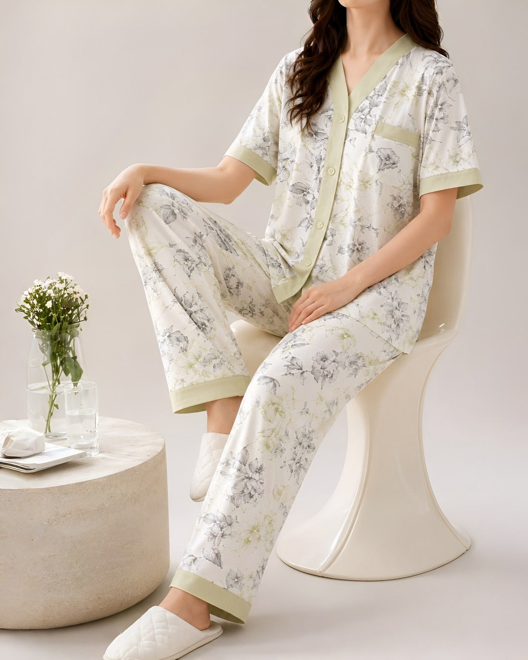 V-Neck Botanical Print Women Nightwear Set