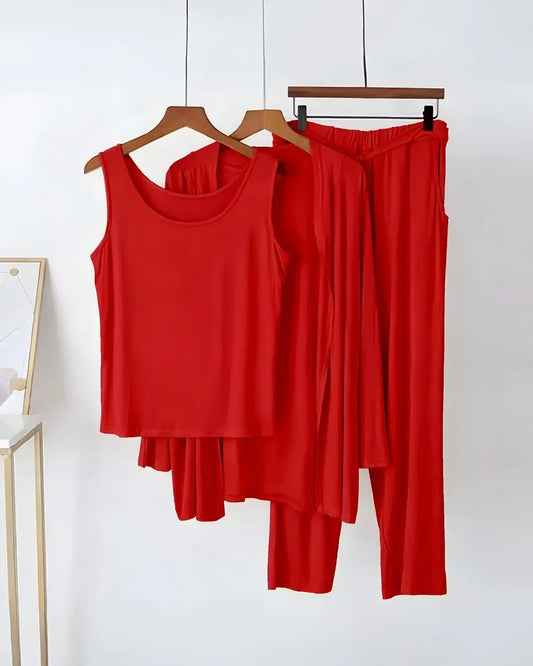 3 Piece Red Plain Nightwear Set Front View for Women
