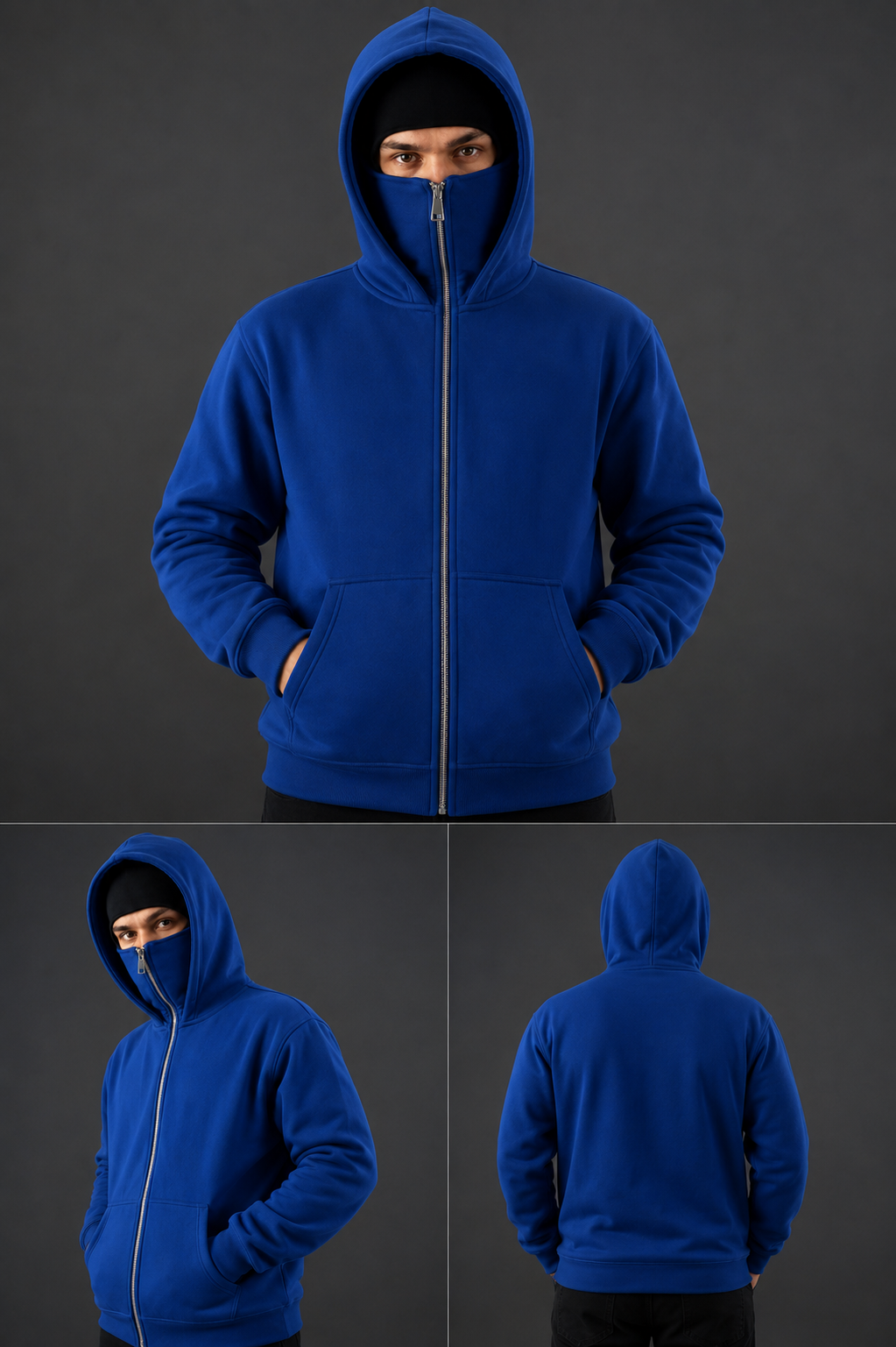 Men’s Blue Balaclava Ninja Zipper Hoodie Jacket