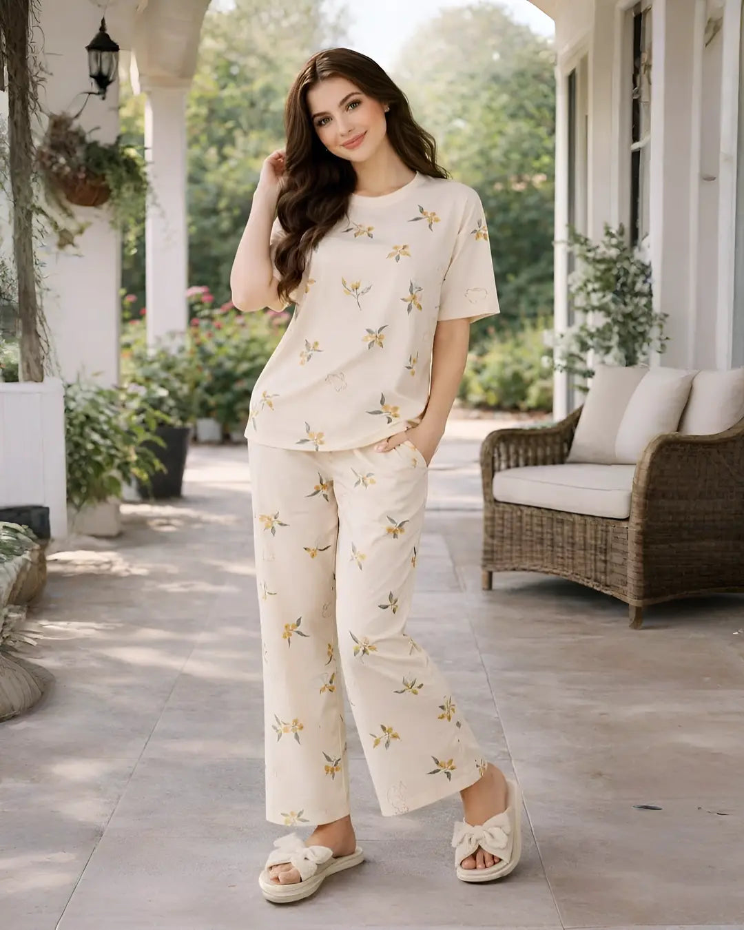 Cream Floral Print Women Nightwear Set