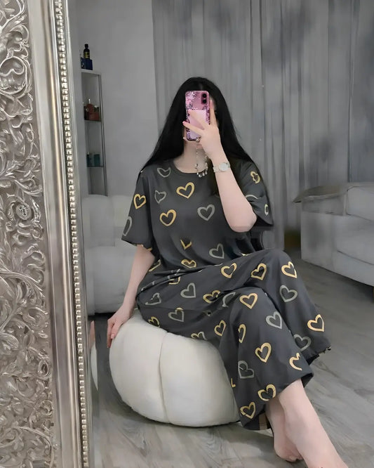 Dark Grey Heart Print Women Nightwear Set