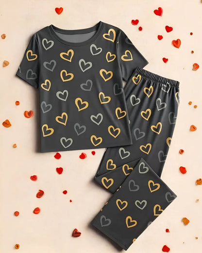 Dark Grey Heart Print Women Nightwear Set