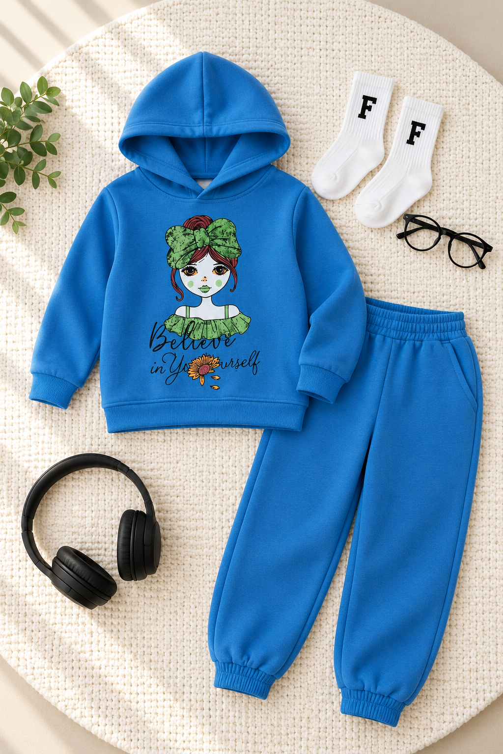 Girls Medium Blue Winter Hoodie Suit – Stylish & Comfortable Kids Outfit