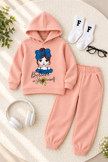 Girls Peach Winter Hoodie Suit – Stylish & Comfortable Kids Outfit