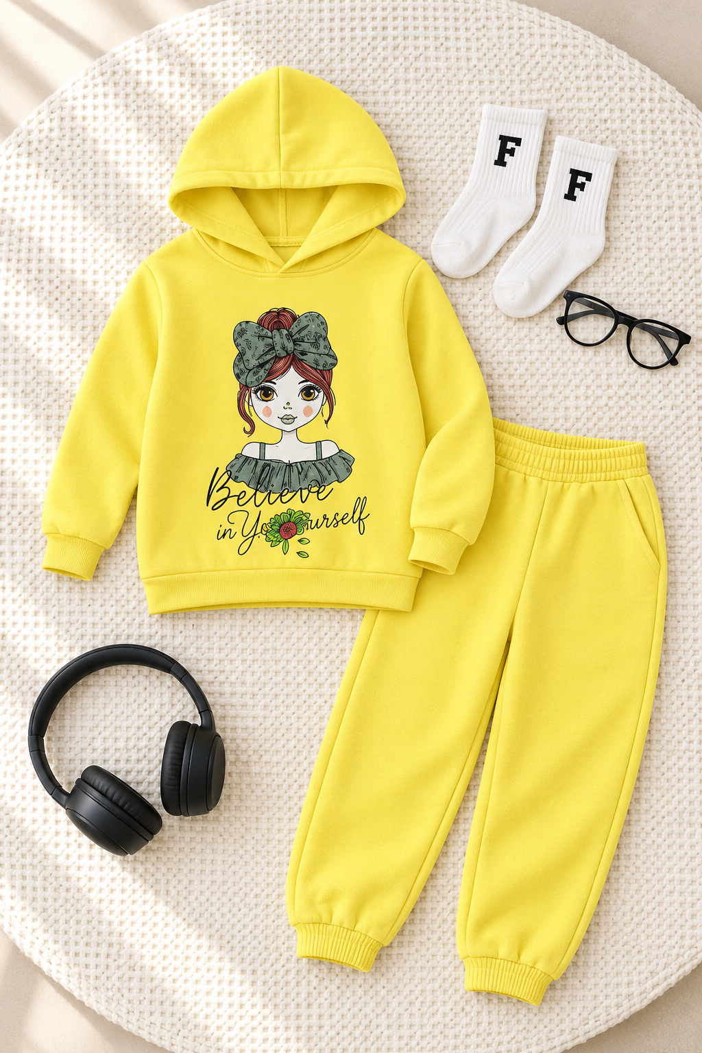 Girls Yellow Winter Hoodie Suit – Stylish & Comfortable Kids Outfit
