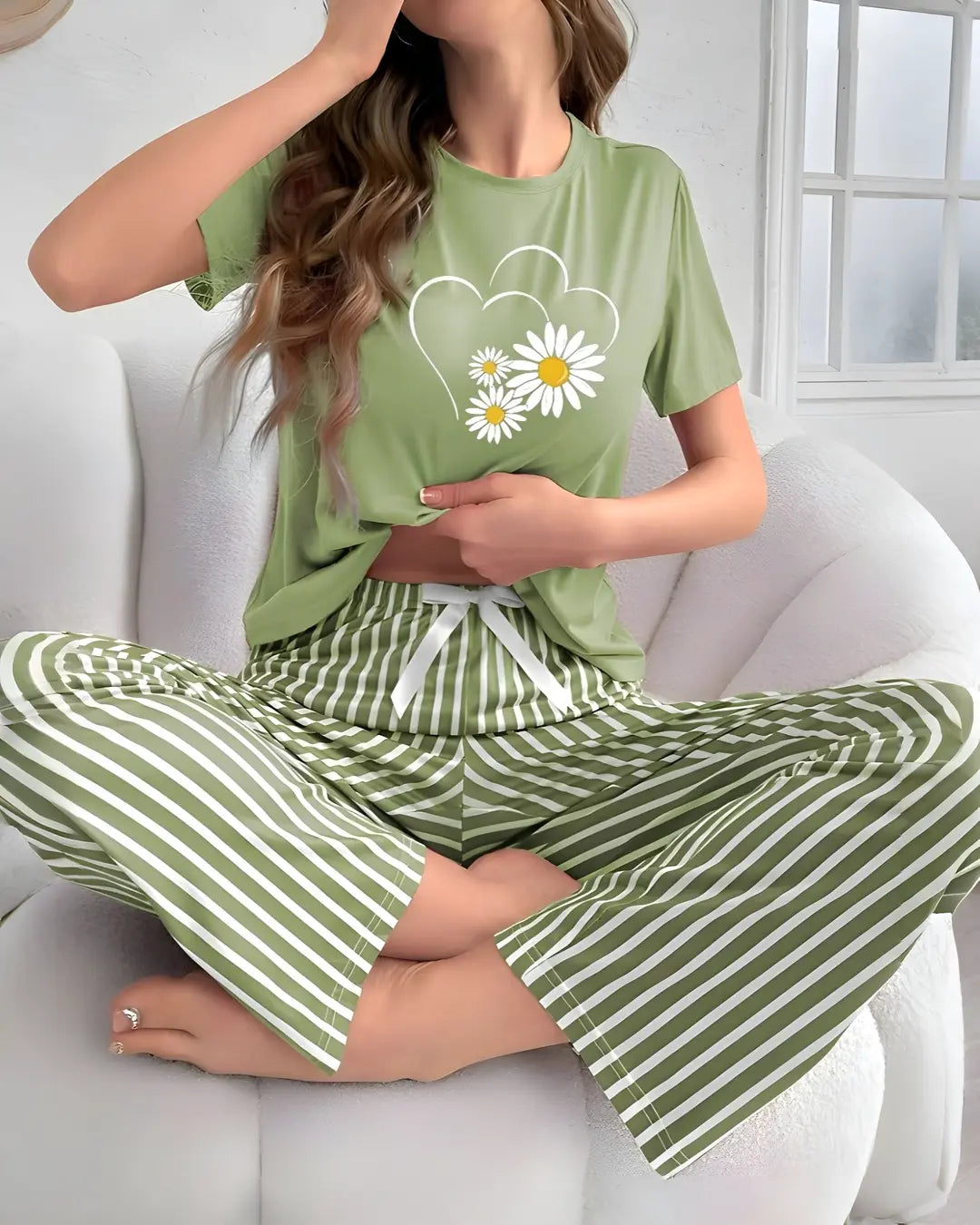Green Daisy Heart Print Women Nightwear Set