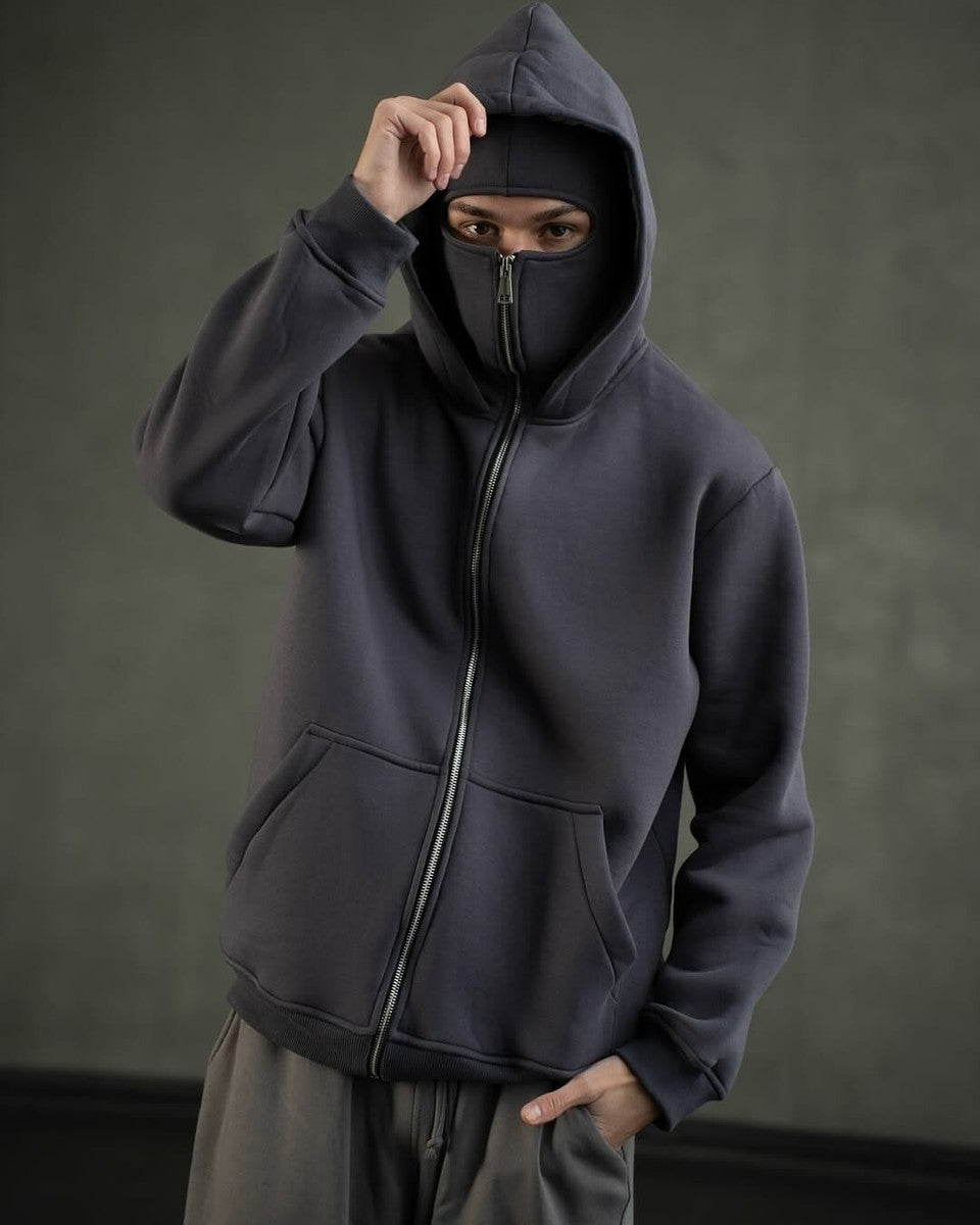 Men’s Gray Balaclava Ninja Zipper Hoodie Jacket – Stylish & Warm