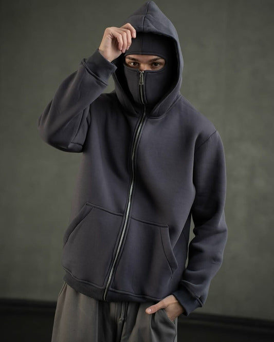 Men’s Gray Balaclava Ninja Zipper Hoodie Jacket – Stylish & Warm