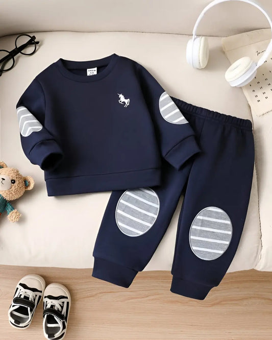 Kids Winter Fleece Suit—Navy Blue Horse Print