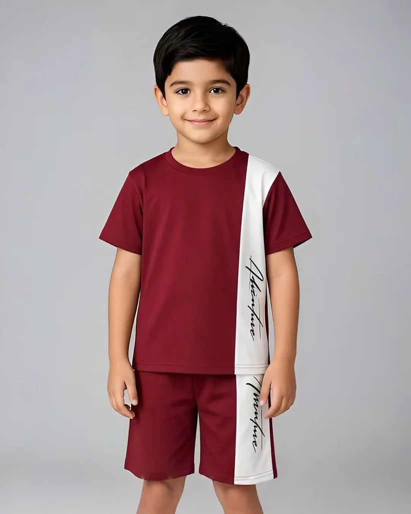 Maroon Signature Print Kids Shorts Set