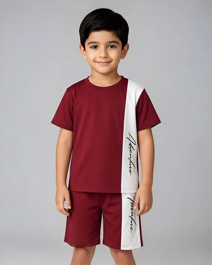 Maroon Signature Print Kids Shorts Set