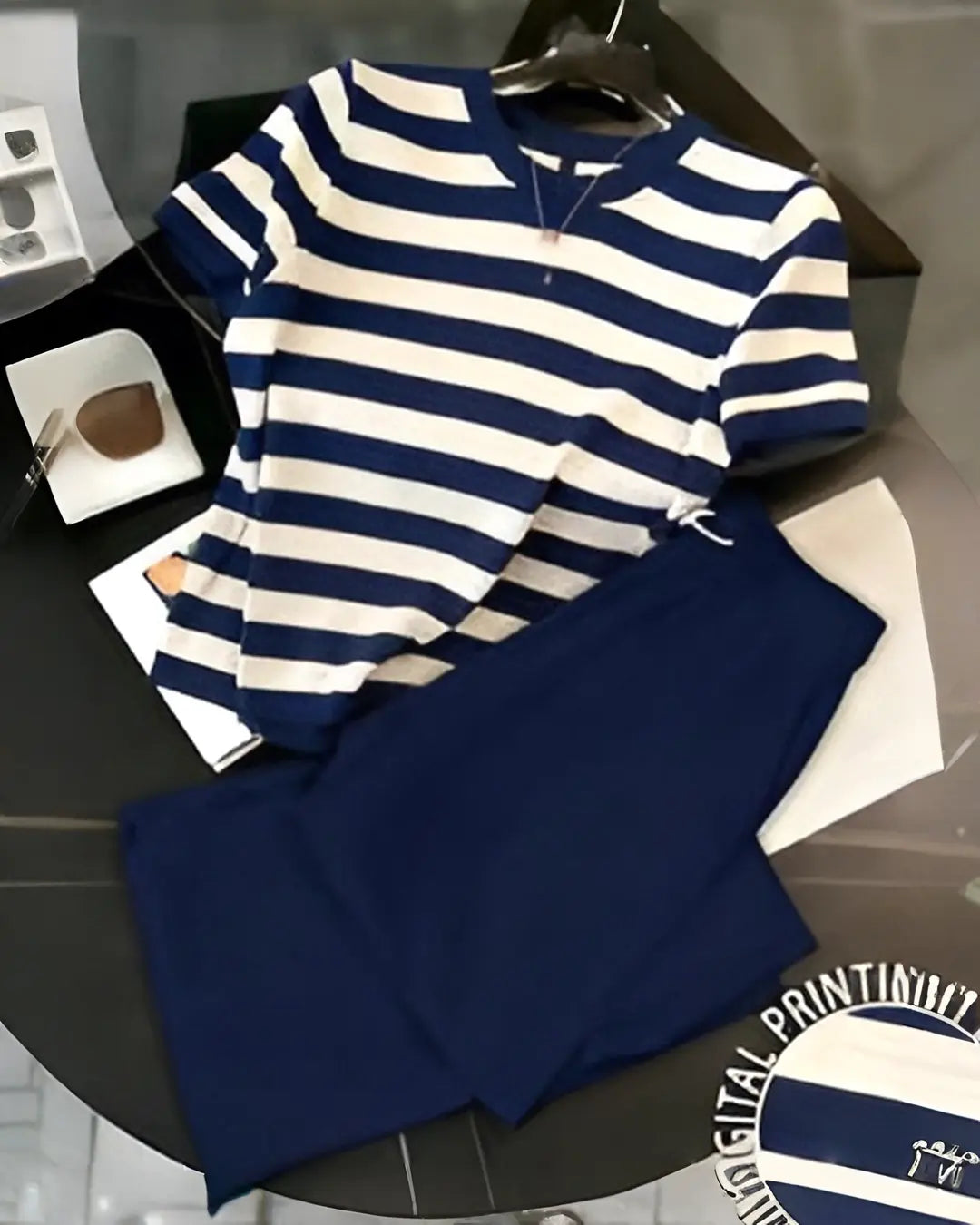 Navy Blue Stripe Women Casual Pajama Set