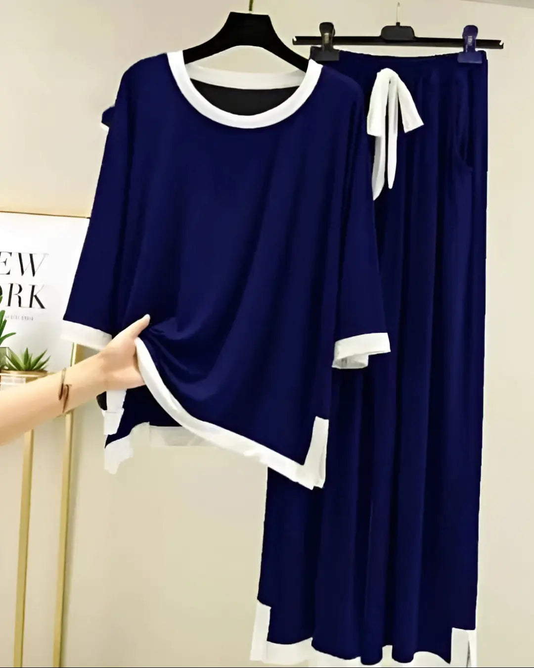 "Navy blue simple palazzo style nightwear – soft comfortable women’s sleepwear set"