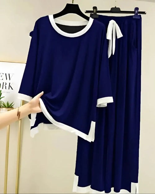 "Navy blue simple palazzo style nightwear – soft comfortable women’s sleepwear set"