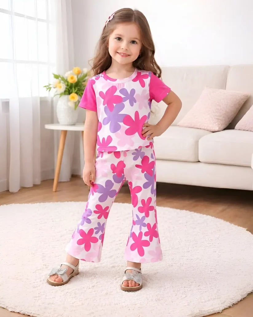 Pink Blossom Print Girls Casual Set