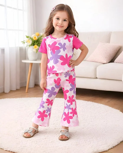 Pink Blossom Print Girls Casual Set
