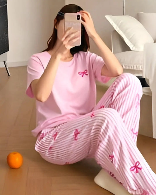 Pink Bow Stripe Pajama Women Nightwear Set