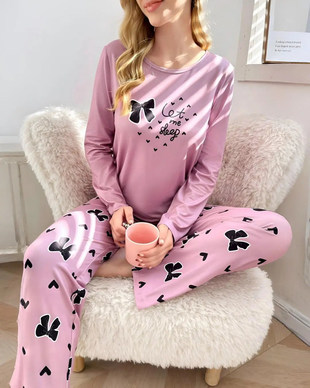 Pink let me sleep printed women night suit soft comfortable sleepwear