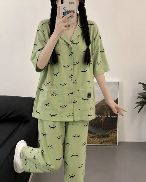Soft Green Smiley Print Women Nightwear Set