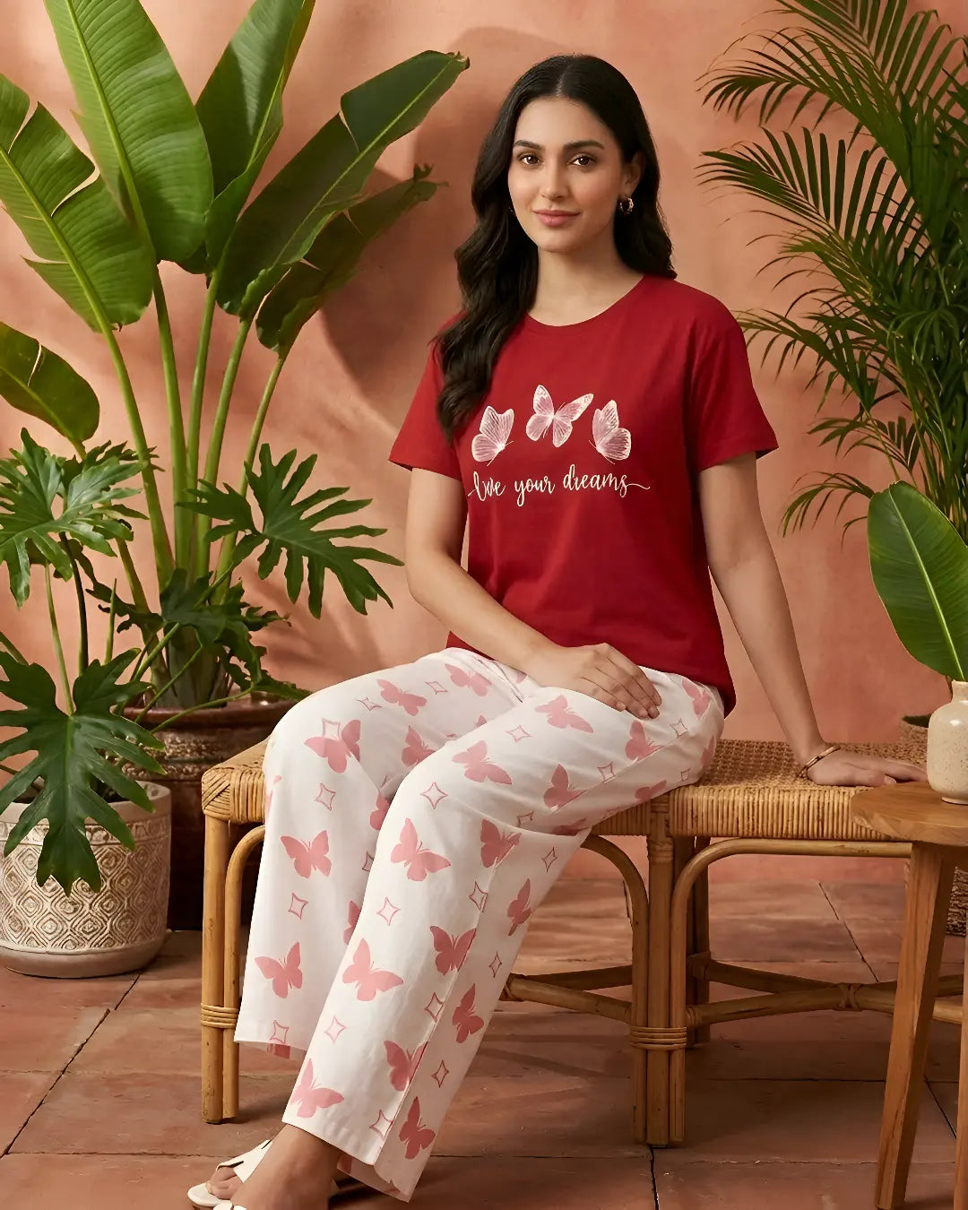 Soft red butterfly print nightwear set for women – stylish comfortable sleepwear.