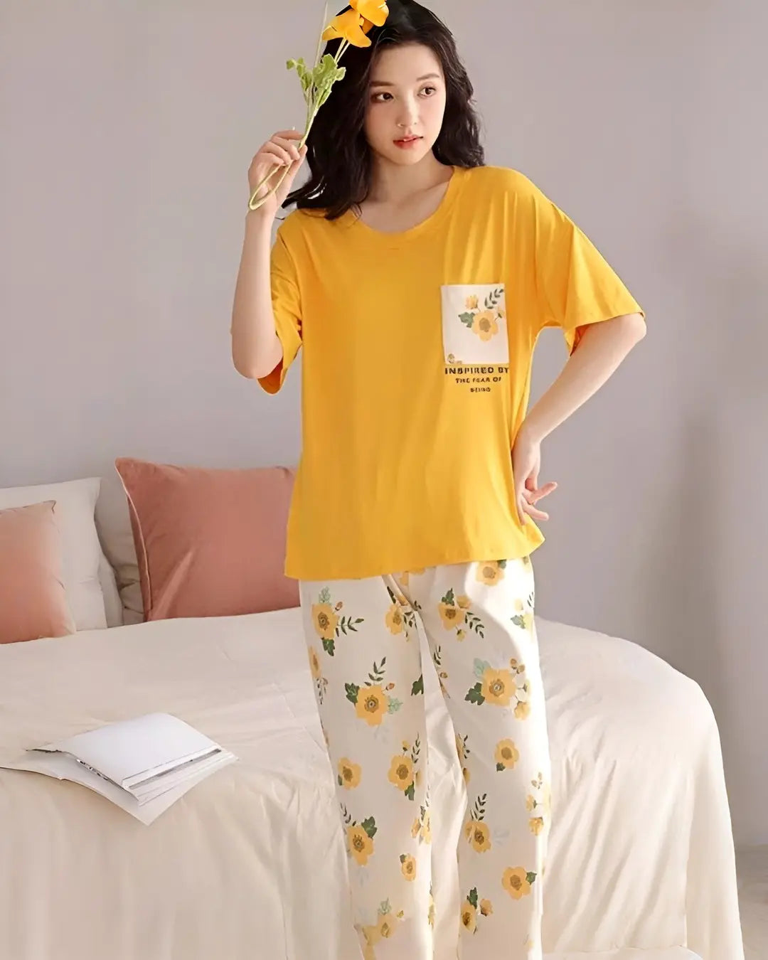 yellow flower design pocket nightwear pakistan