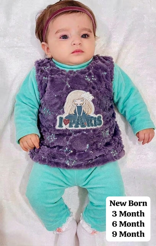 Baby Girls Fur Vest 3-Piece Suit (Sea Green)