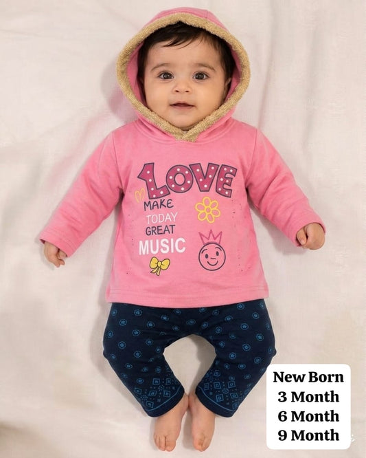 Baby Girls Fur-Hooded Printed Suit (Pink)