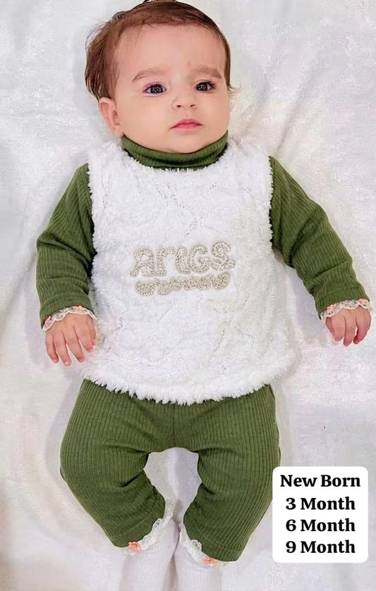 NEW BORN Baby Girls Fur Vest  Suit (Olive Green)