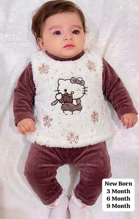 NEW BORN Baby Girls Kitty Fur Vest Suit (Mauve)