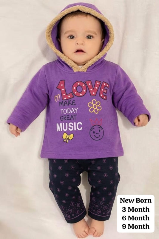 Baby Girls Fur-Hooded Printed Suit (Purple)