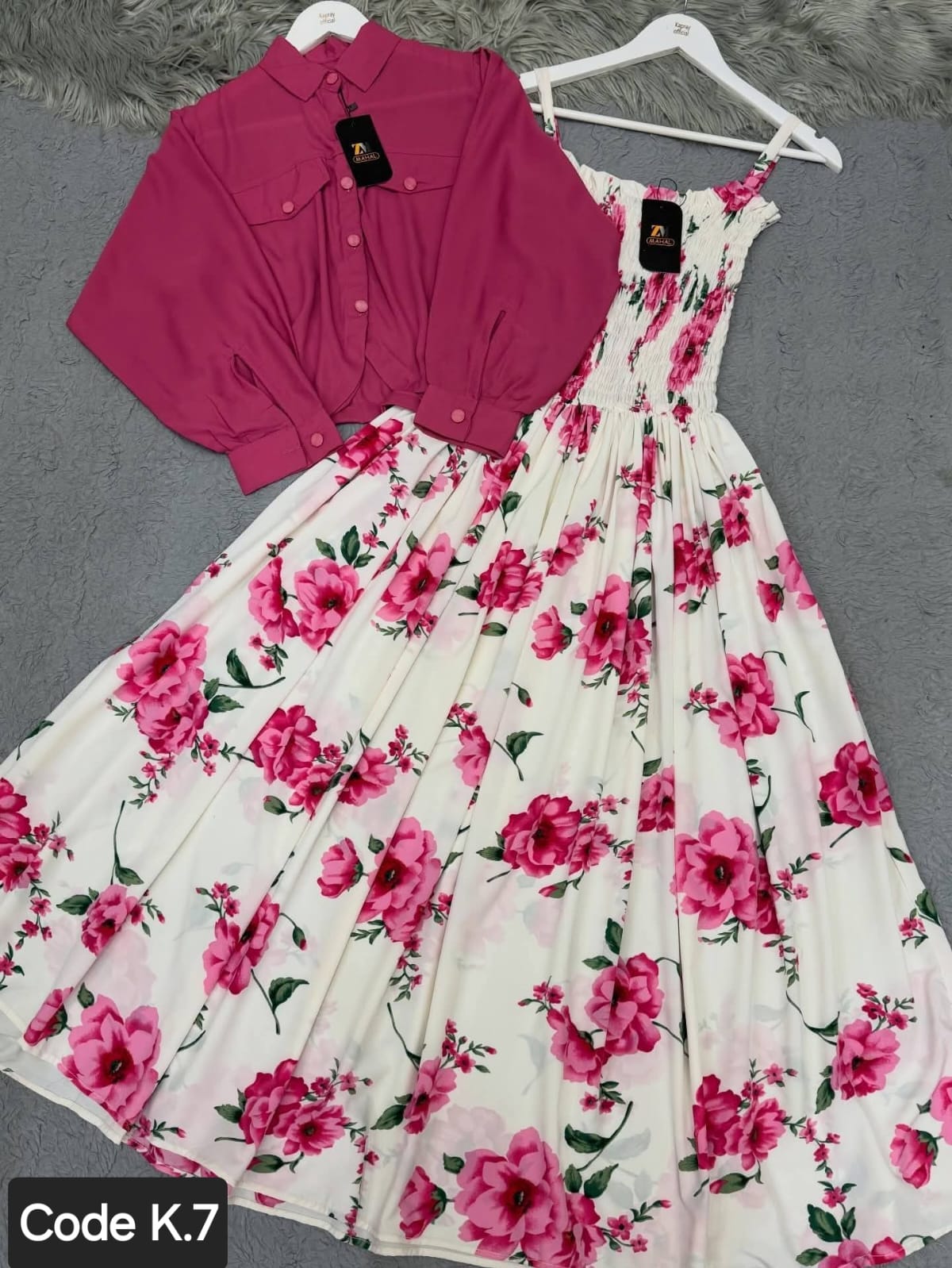 Pink Shirt & White Floral Maxi Dress 2-Piece Set