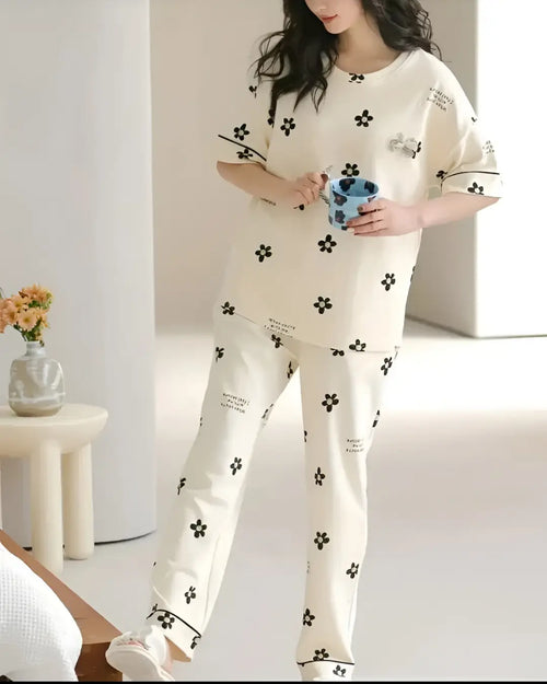 White Daisy Print Women Nightwear Set