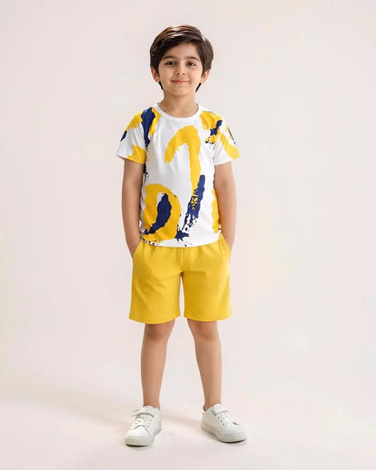 Yellow Multi Print Kids Shorts Set