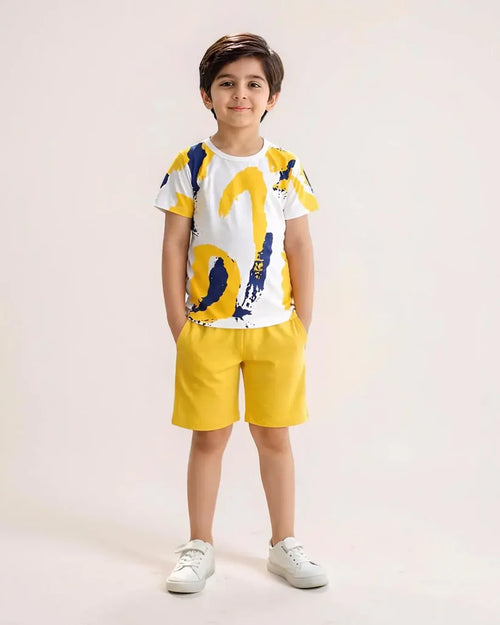 Yellow Multi Print Kids Shorts Set