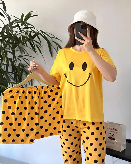 Yellow smiley 3 piece nightwear set for women soft comfortable sleepwear