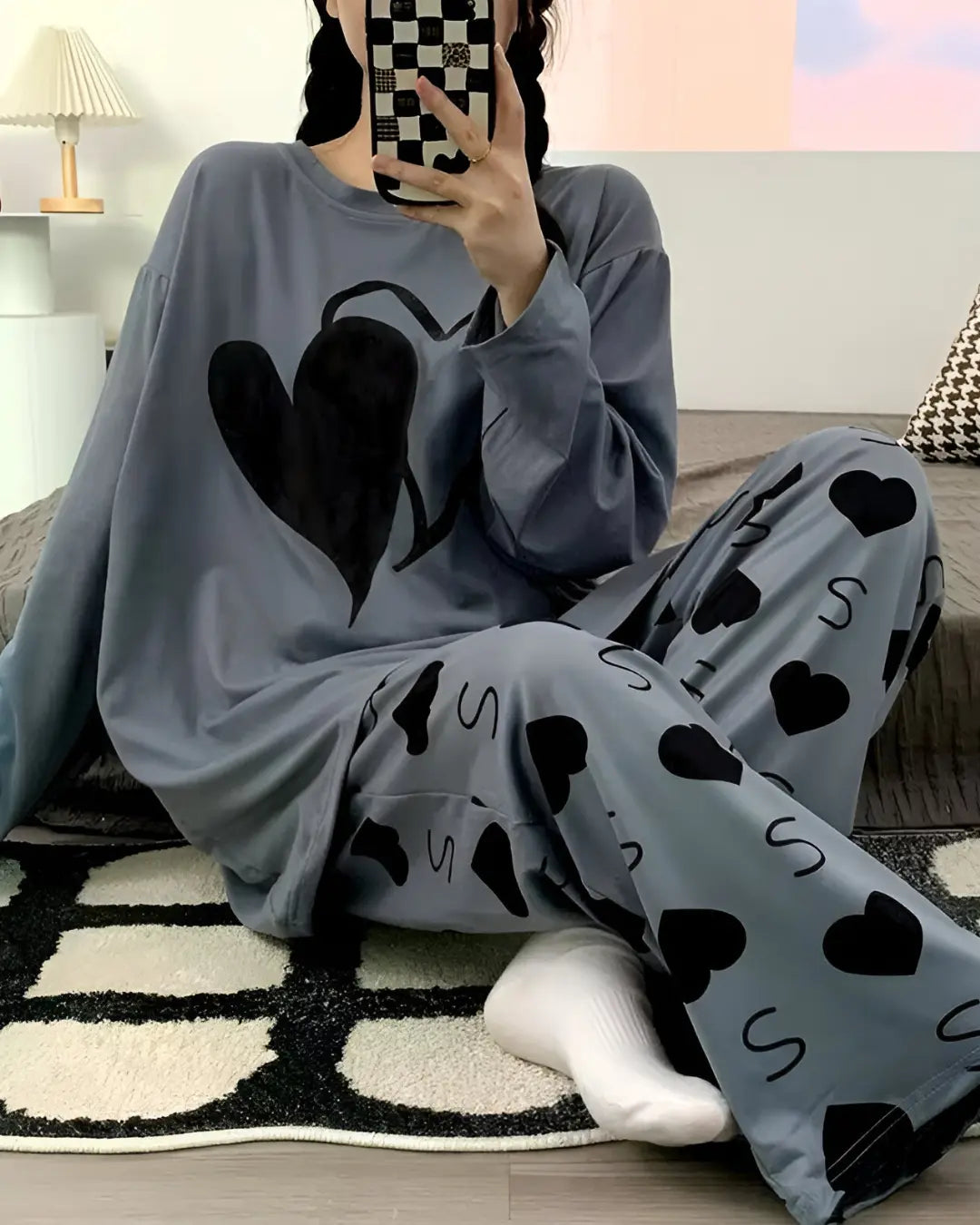 Grey Dual Heart Print Night Suit