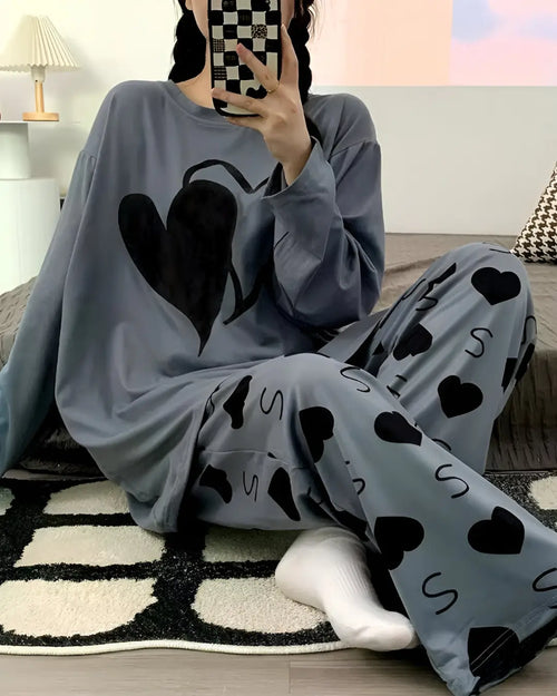 Grey Dual Heart Print Night Suit