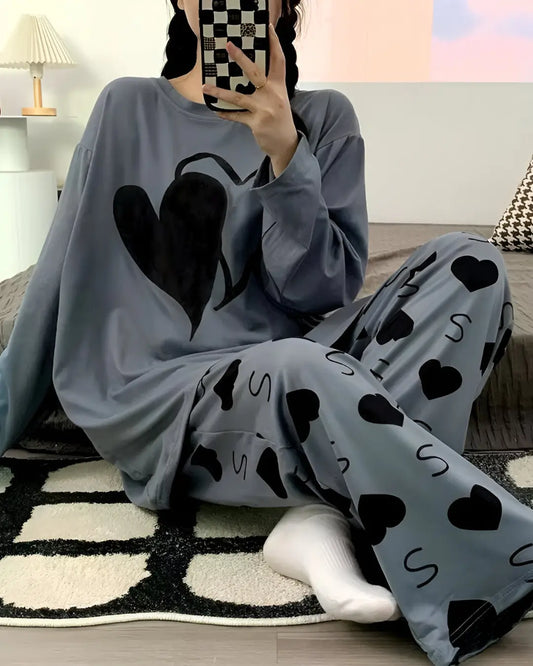 Grey Dual Heart Print Night Suit
