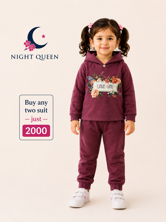 Kids FGIRLS Floral Printed Hoodie Tracksuit Maroon