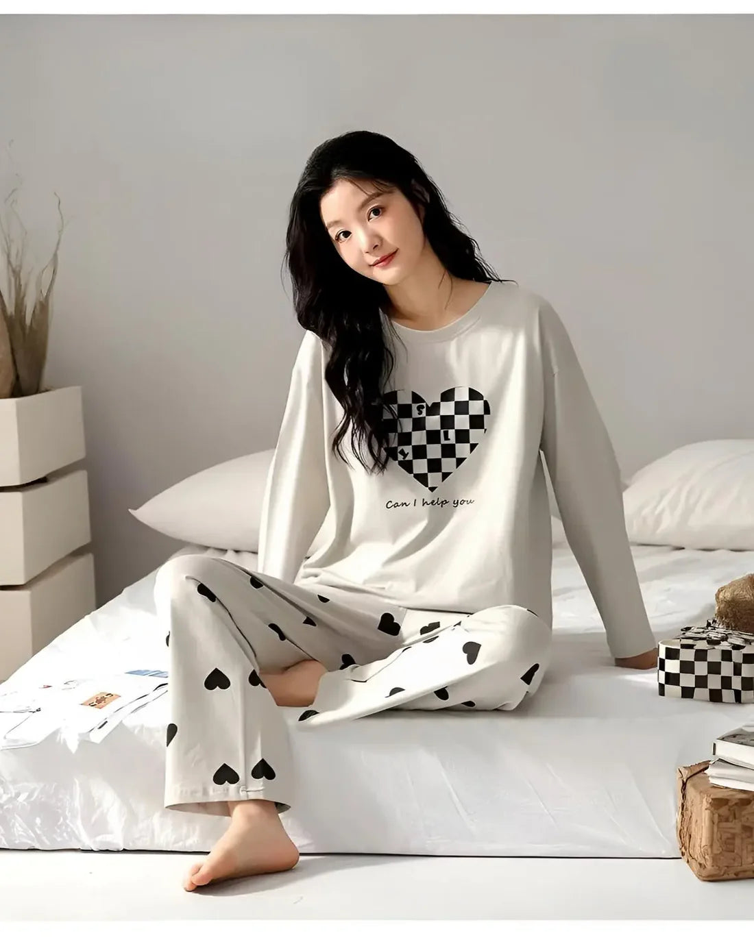 Light Grey Print Heart Night Suit