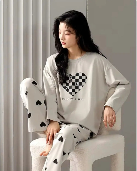 Light Grey Print Heart Night Suit
